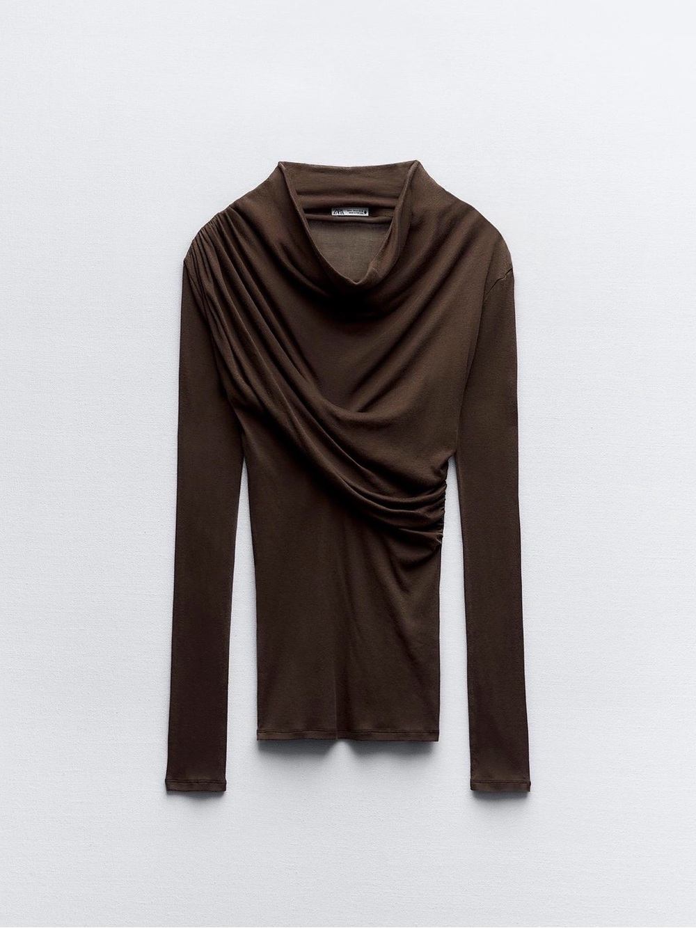 Brown Draped Long Sleeve Top